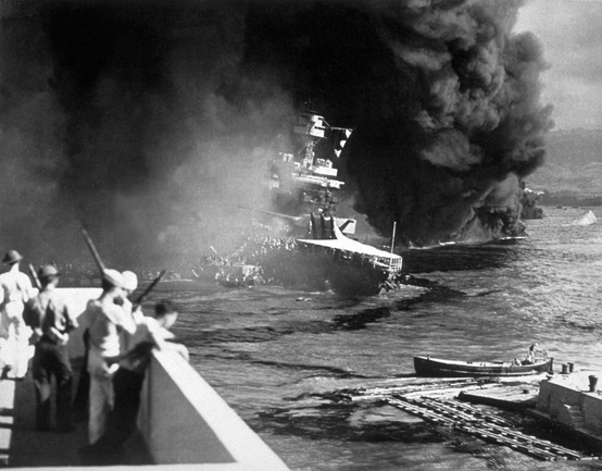 Photo:  The USS California on fire in Pearl Harbour